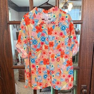 Just My Size Floral Linen Blend Button Down Shirt 3X Plus Tan Orange Blue JMS